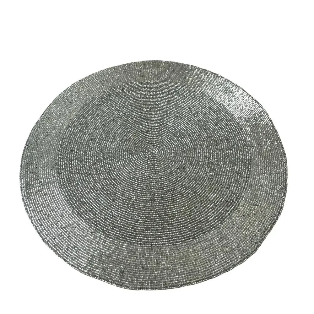 TIRAMISU Hand Beaded Placemat 15in Metallic SILVER Holiday Glam Decor New
